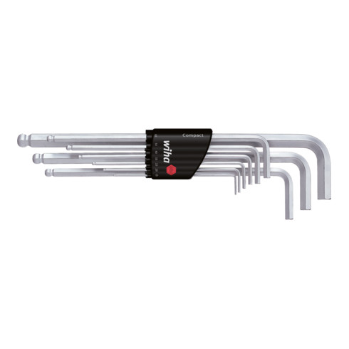 Wiha Set di chiavi maschio su supporto Compact con testa sferoidale ed esagonale 9pz., esecuzione cromata opaca