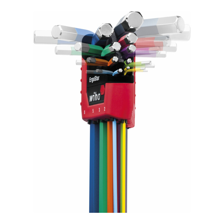 Wiha Stiftschlüssel Set 9-tlg. im ErgoStar Halter I Sechskant-Kugelkopf MagicRing® I 1,5 mm - 10 mm I farbig leuchtend I Winkelschlüsselsatz (43850)