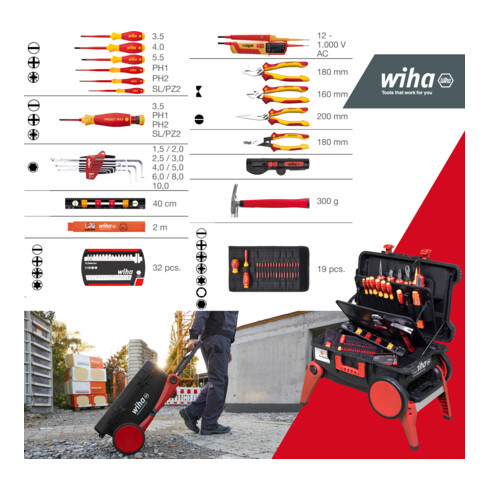 Wiha Werkzeugkoffer Set XXL 4 electric I 80-tlg. I Elektriker Werkzeugkoffer mit Rollen I Werkzeugkasten mit umfangreichem Sortiment (45734)