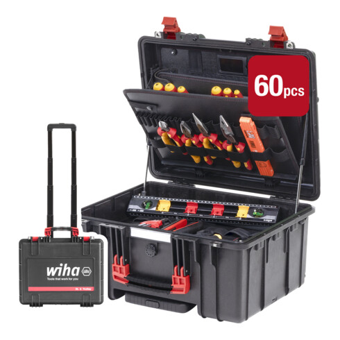 Wiha Werkzeugkoffer XL 2 Trolley electric 60-tlg., Werkzeugtrolley gefüllt für Elektriker mit Teleskophandgriff