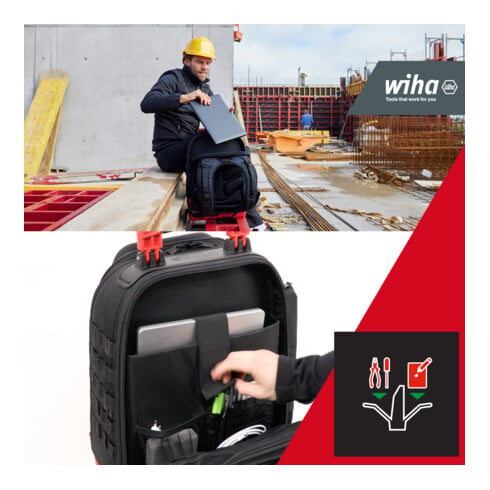Wiha Zaino porta attrezzi da meccanico, 43pz., con attrezzatura meccanica di base, con scomparto per laptop, tasche per accessori (45529)
