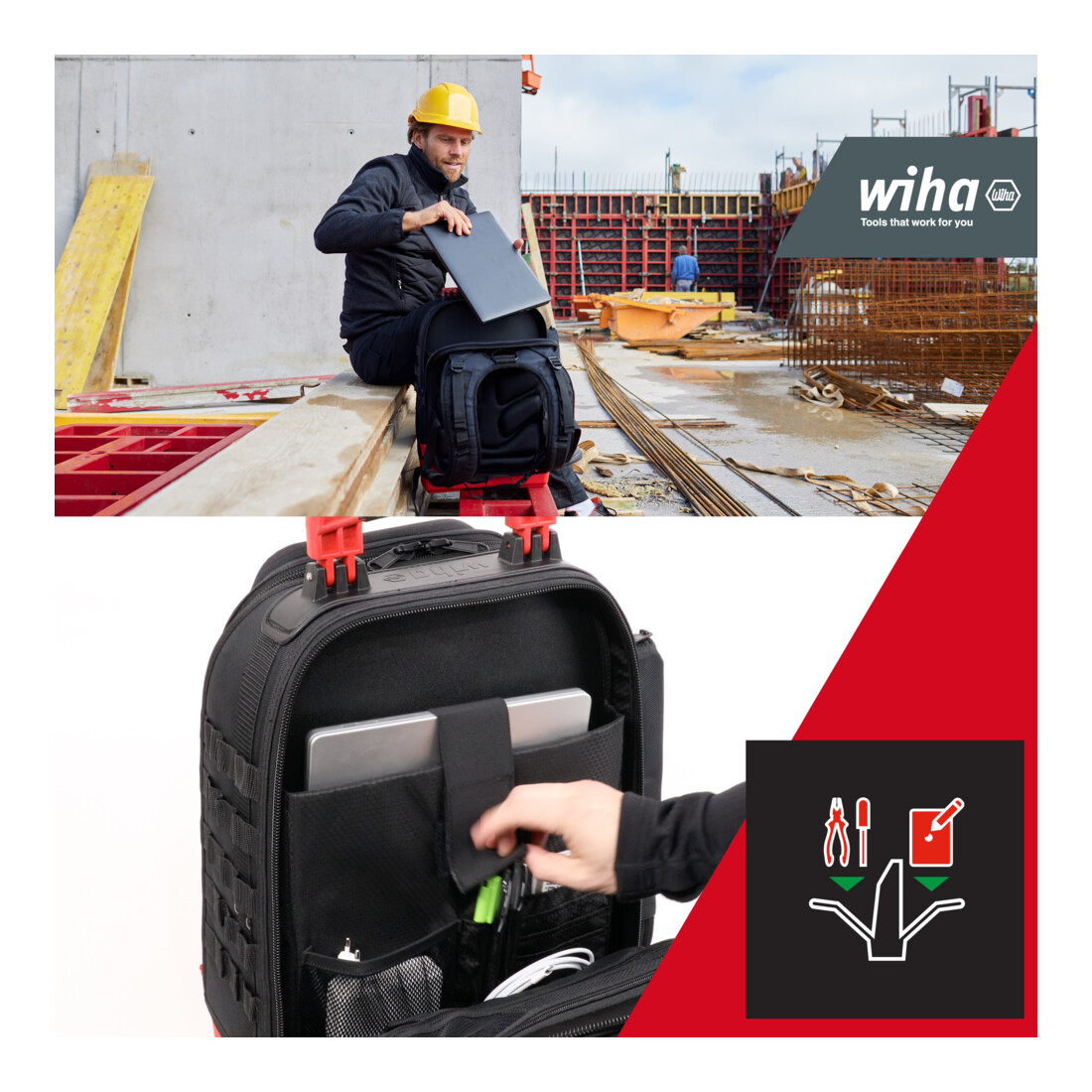 Wiha Zaino porta attrezzi da meccanico, 43pz., con attrezzatura meccanica di base, con scomparto per laptop, tasche per accessori (45529)