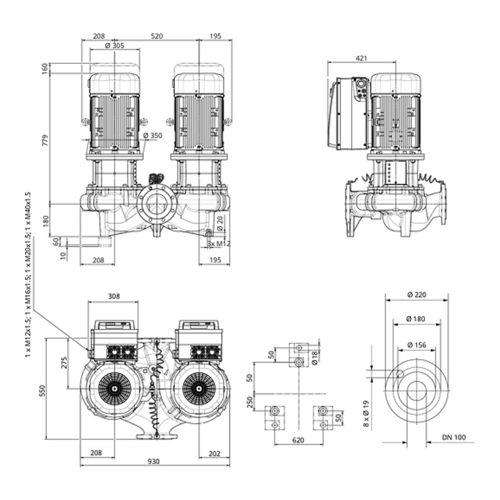 Wilo Pompe double à moteur sec écoénergétique DL-E 100/250-11/4-R1-S1,DN100,10,8 kW