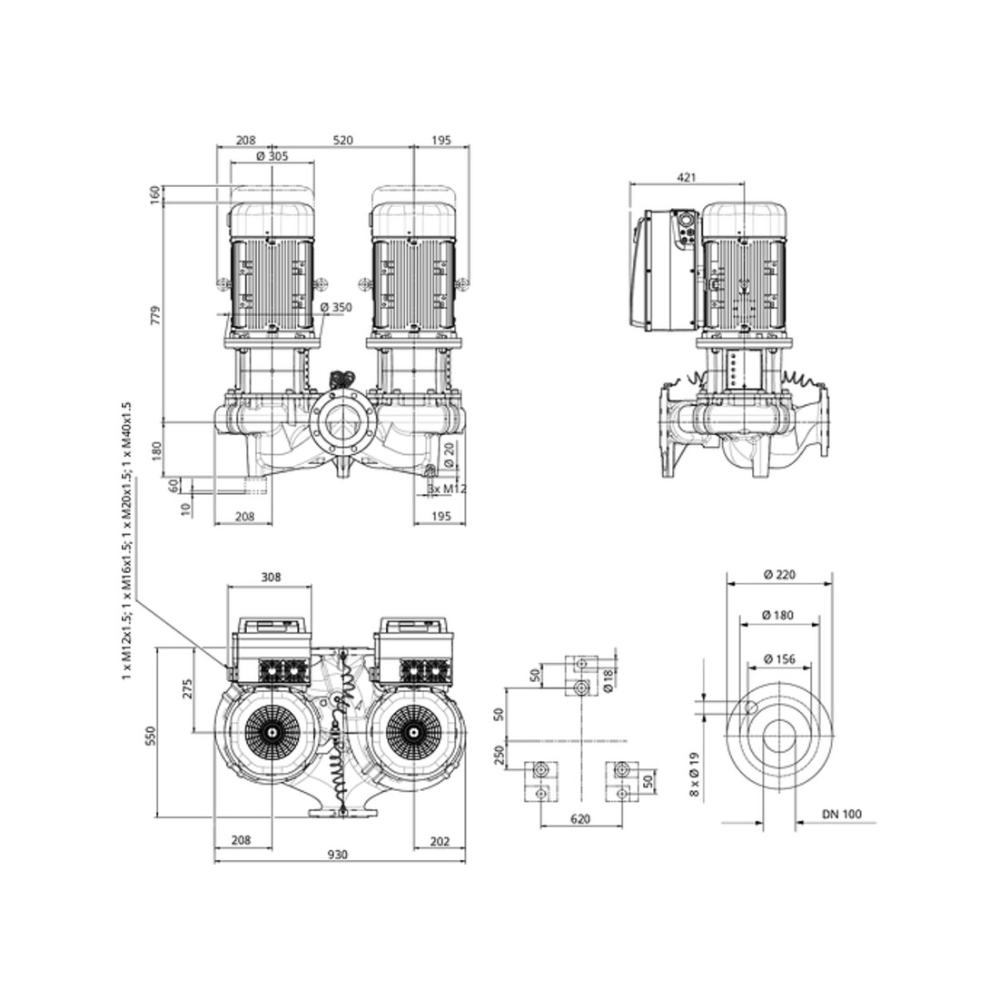 Wilo Pompe double à moteur sec écoénergétique DL-E 100/250-11/4-R1-S1,DN100,10,8 kW