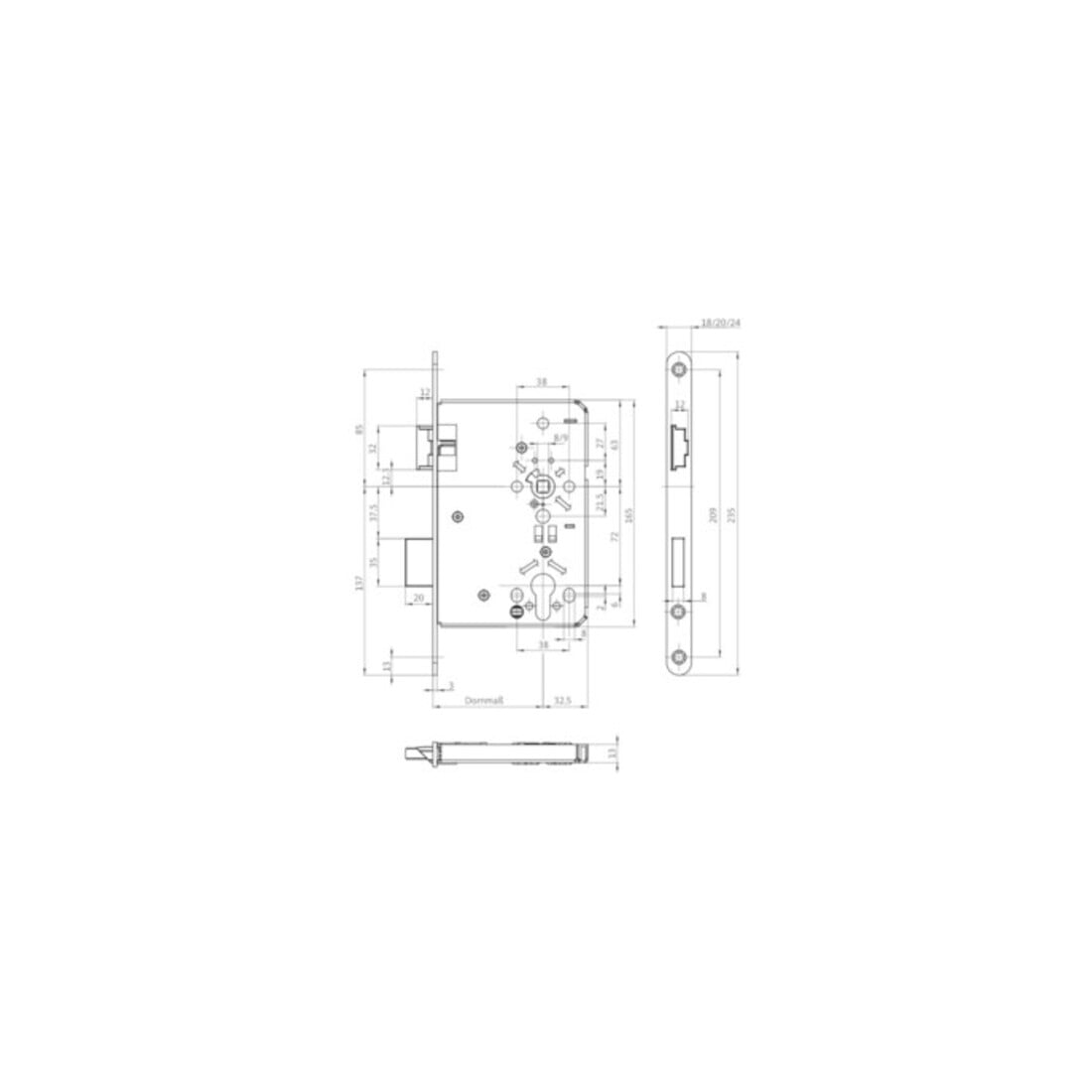 Zimmertür-Einsteckschloss BAD 20/ 55/78/8mm DIN R silber rd Kl 3