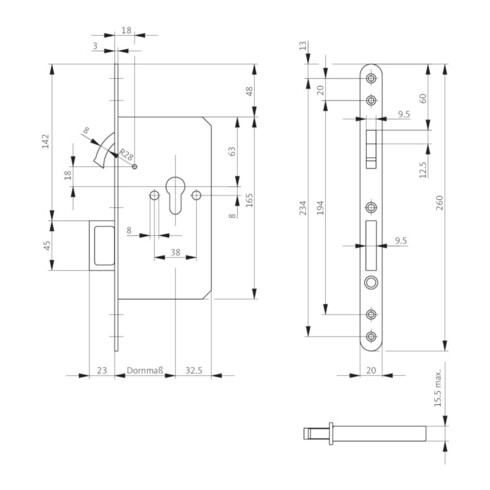 Zirkelriegelschloss Zirkelr./Springg.PZ silber ktg.20x250mm BKS